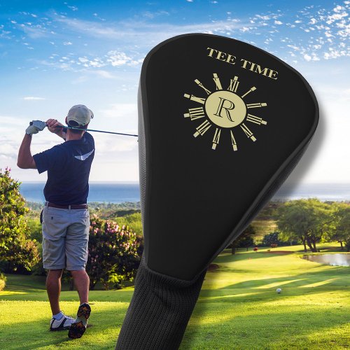 Unique Tee Time Clock Monogram Black Gold Golf Head Cover