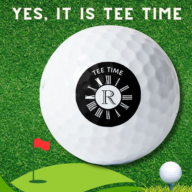 Unique Tee Time Clock Monogram Black White Golf Balls (Creator Uploaded)