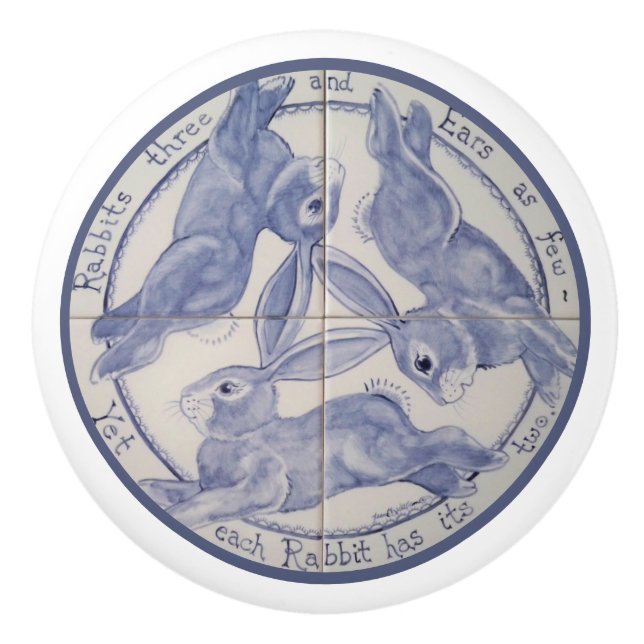 Unique Three Hares Rabbits Share Ears Medium Blue Ceramic Knob (Front)