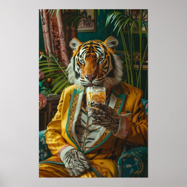 Unique Tiger Dressed Like a Person Drinking Coffee Poster (Front)