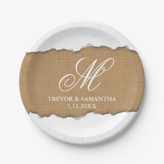 Unique Torn Out Look Burlap Pattern Wedding Paper Plates (Front)