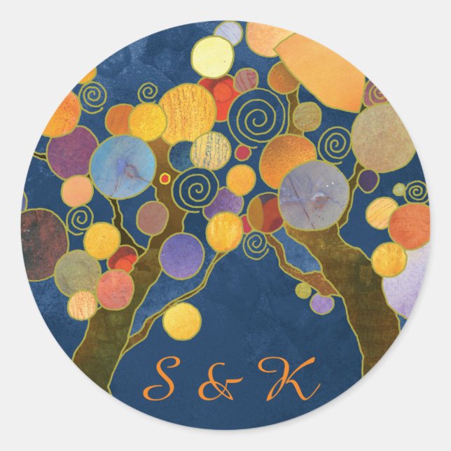 Unique Trees Blue Wedding Favor Classic Round Sticker (Front)
