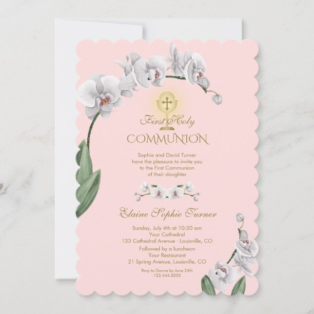 Unique Tropical White Orchid Gold Holy Communion Invitation (Front)