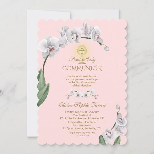 Unique Tropical White Orchid Gold Holy Communion Invitation