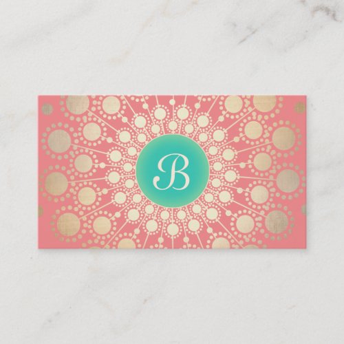 Unique Turquoise Gold Pink Coral Monogram Business Card