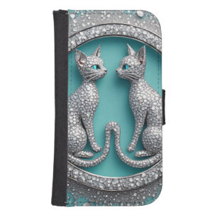 Unique Twin Crystal Cat Ornament Jewelry Sculpture Galaxy S4 Wallet Case