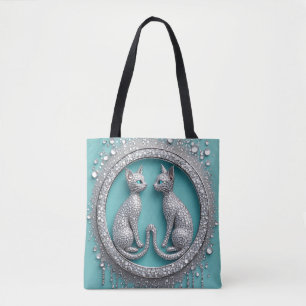 Unique Twin Crystal Cat Ornament Jewelry Sculpture Tote Bag