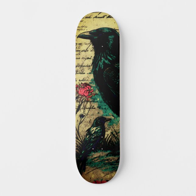 Unique Urban Art Inspired Gothic Raven & Red Rose Skateboard (Front)