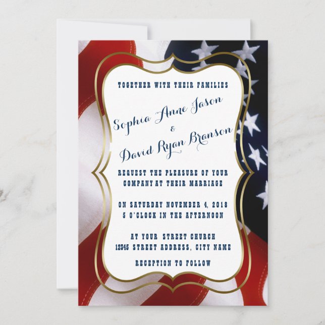 Unique USA Flag Gold Wedding Custom Invitation (Front)