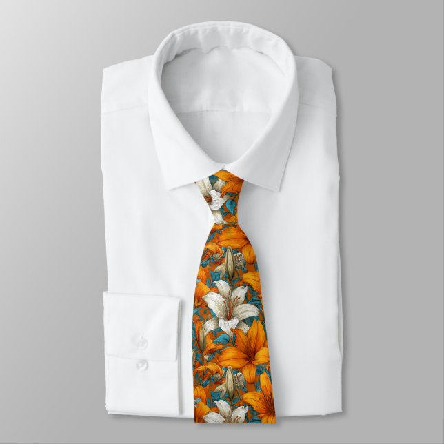 Unique Valentine Gifts For Husband Lilies Flower Neck Tie (Tied)