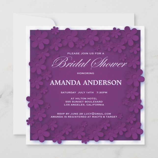 Unique Velvet Purple Floral Bridal Shower Invitation (Front)