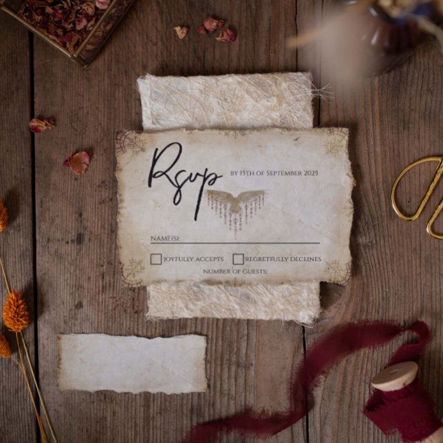 Unique Viking Wedding Response Card (Viking inspired wedding RSVP card in rustic style rested on a wooden background)