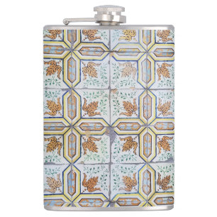 Unique Vintage Blue and Orange Portuguese Tile Flask
