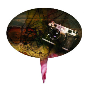 Unique vintage camera, clock and flower cake topper