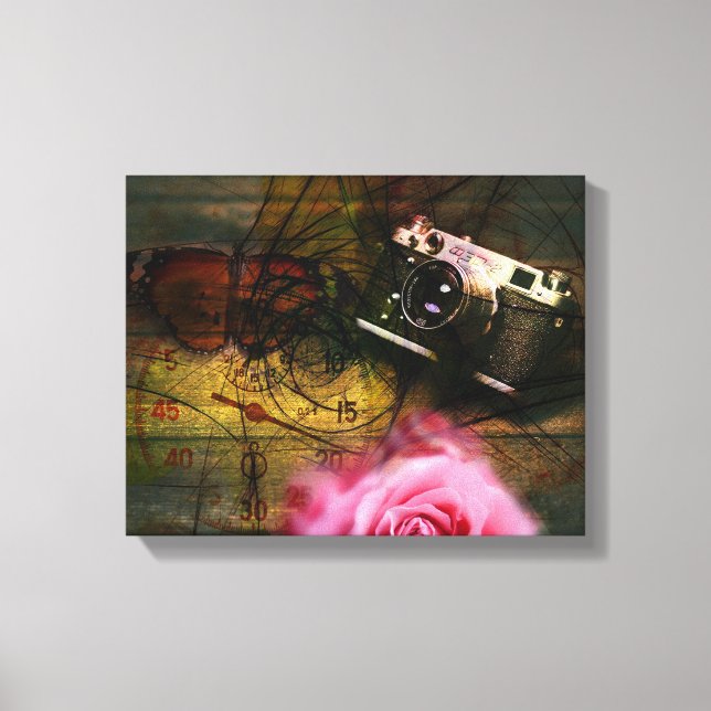 Unique vintage camera, clock and flower canvas print (Front)
