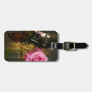 Unique vintage camera, clock and flower luggage tag