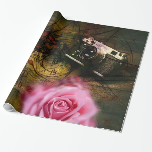Unique vintage camera clock and flower wrapping paper