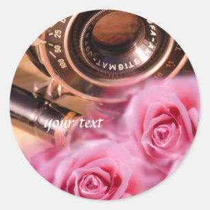 Unique vintage camera with pink roses classic round sticker