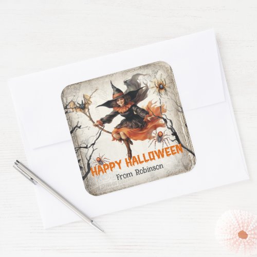 Unique vintage classic spooky cute bad witch square sticker