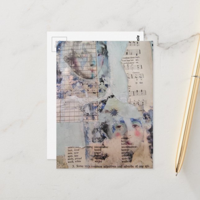 Unique vintage faces mixed media postcard (Front/Back In Situ)