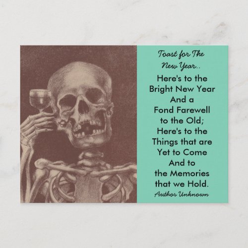 Unique vintage happy skeleton toasting New Years Holiday Postcard