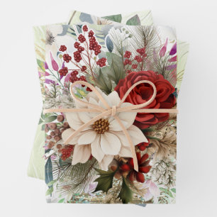 Unique Vintage Inspired Christmas Floral Wrapping Paper Sheets