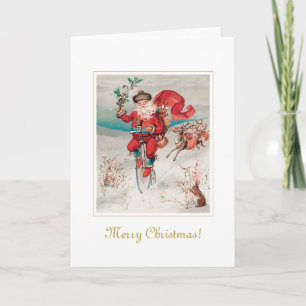 Unique Vintage Santa On Bicycle Christmas Art Card