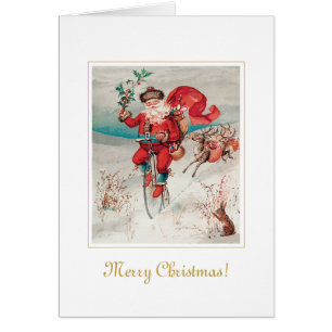 Unique Vintage Santa On Bicycle Christmas Art Card