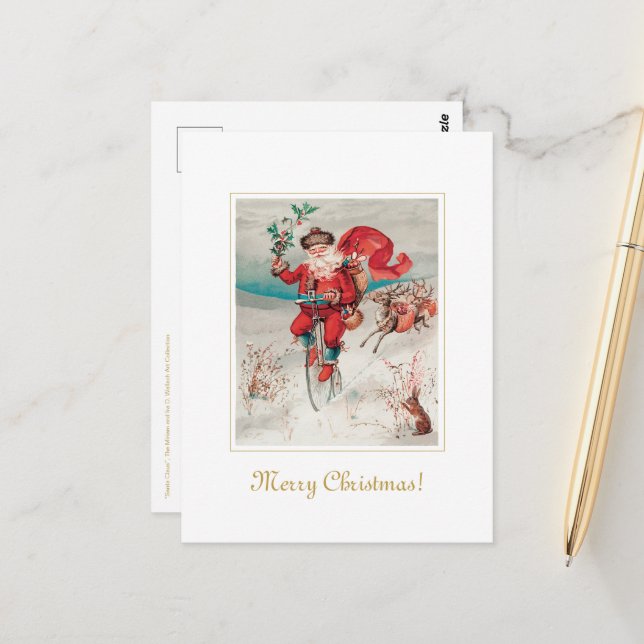 Unique Vintage Santa On Bicycle Christmas Art  Postcard (Front/Back In Situ)