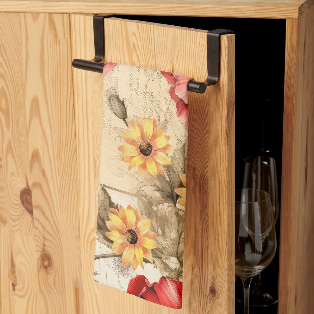 Unique Vintage Sunflowers & Red Poppies Pattern Kitchen Towel (Thirds Fold)