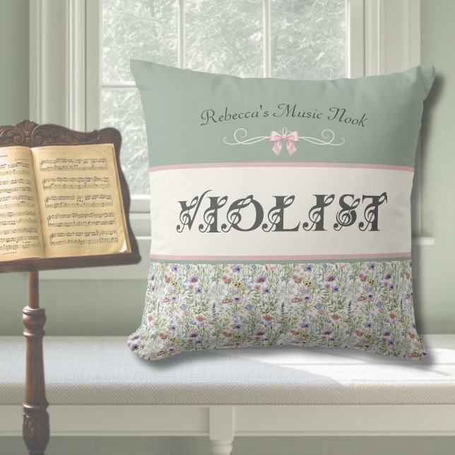Unique Viola Wildflower Music Nook Throw Pillow (A sophisticated sage green viola accent decor for her rehearsal room. )
