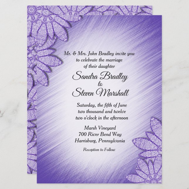 Unique Violet Hue Floral Accent Wedding Invitation (Front/Back)