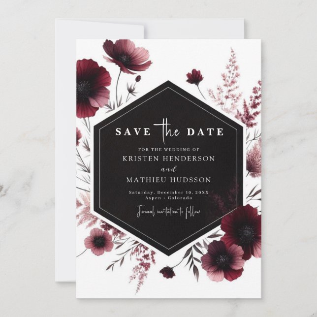Unique Watercolor Burgundy Wedding Save The Date (Front)
