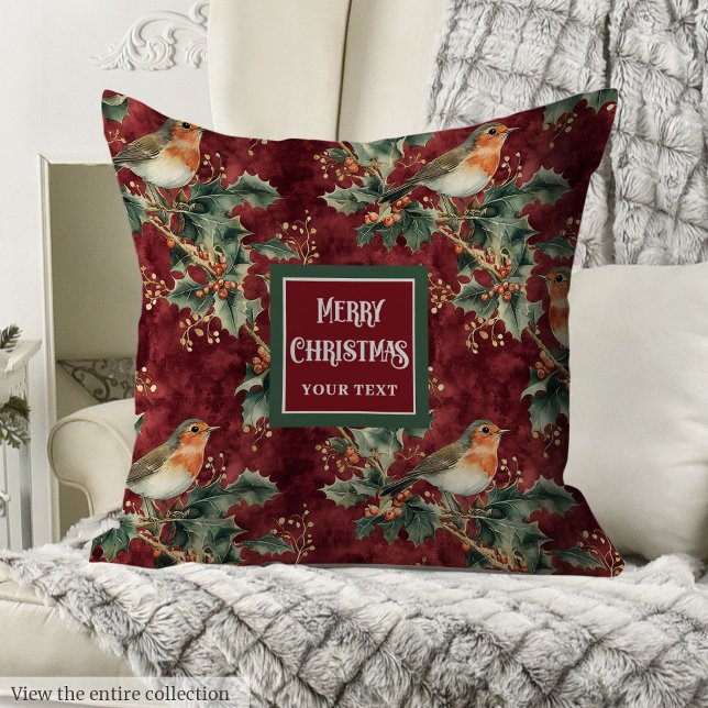 Unique watercolor Christmas birds deep red pillow (Unique watercolor Christmas birds deep red pillow)