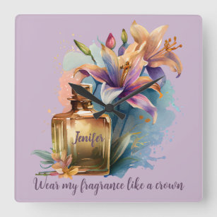Unique Watercolor Floral Perfume Bottle Violet Square Wall Clock