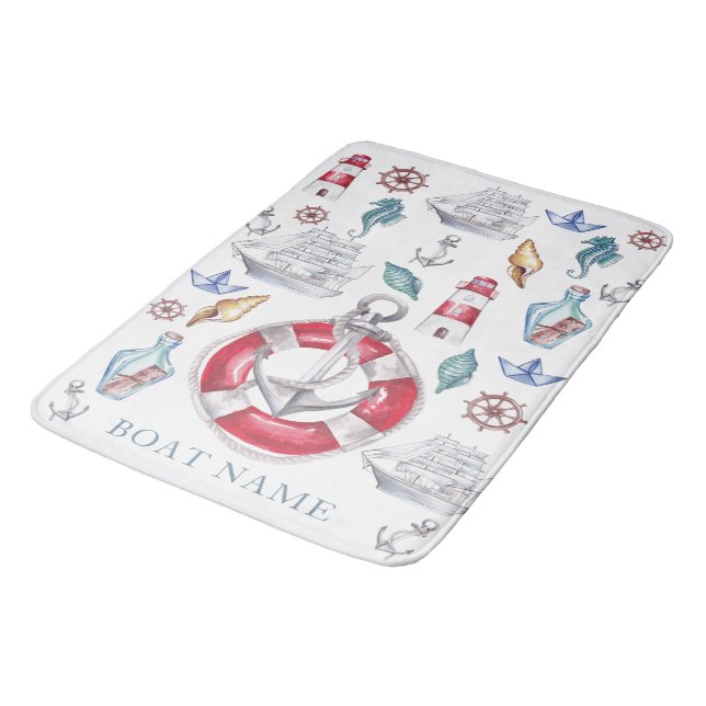 Unique Watercolor Nautical Personalized Boat Bath Mat (Angled)