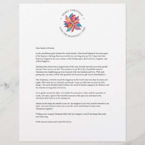 Unique Watercolor Poinsettia Christmas Letter Letterhead