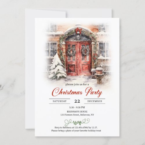 Unique watercolor rustic Christmas red door Invitation