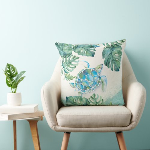 Unique Watercolor Sea Turtle on Palm Leaves Throw Pillow