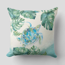 Unique Watercolor Sea Turtle on Palm Leaves Throw Pillow