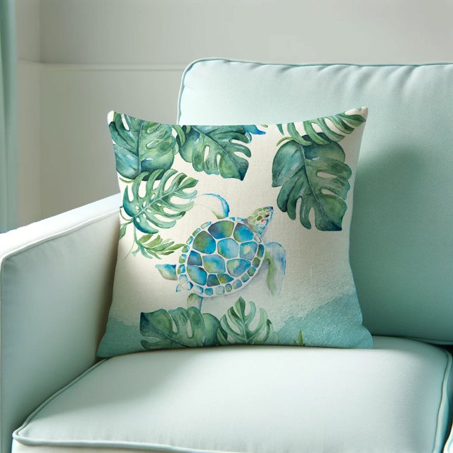 Unique Watercolor Sea Turtle on Palm Leaves Throw Pillow (sea turtle throw pillows gift idea features tropical watercolor art by Victoria Grigaliunas)