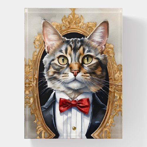 Unique Watercolor Tabby Cat Tuxedo Blue Bow Tie Paperweight
