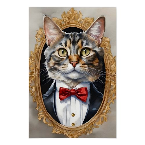 Unique Watercolor Tabby Cat Tuxedo Blue Bow Tie Poster