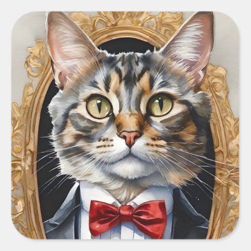 Unique Watercolor Tabby Cat Tuxedo Blue Bow Tie Square Sticker