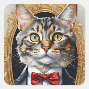 Unique Watercolor Tabby Cat Tuxedo Blue Bow Tie Square Sticker