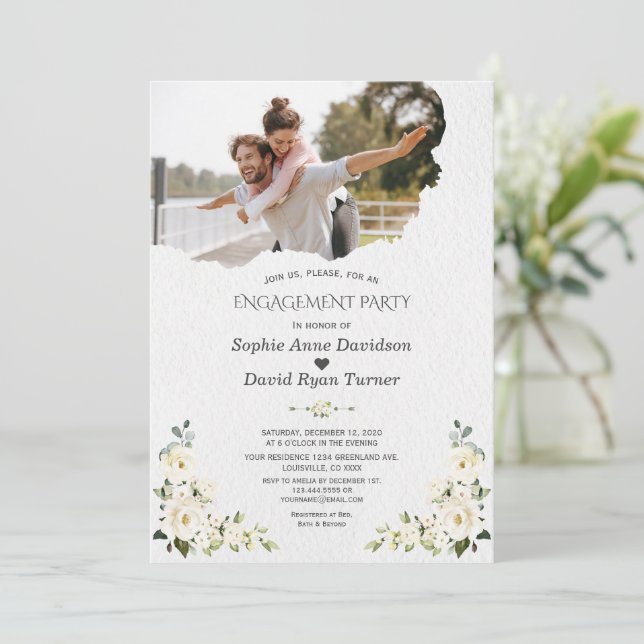 Unique Watercolor White Floral Photo Engagement  Invitation (Standing Front)