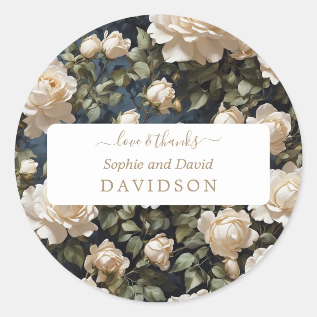 Unique Watercolor White Roses Wedding  Classic Round Sticker (Front)