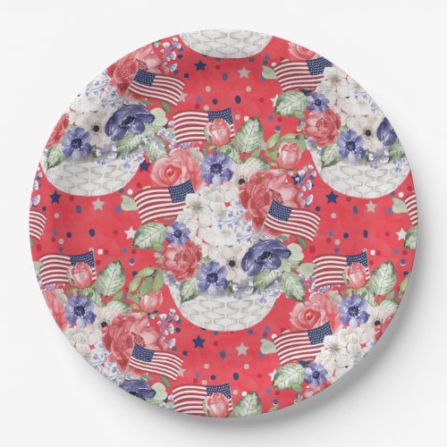 Unique watercolour floral pattern  the USA flag  Paper Plates