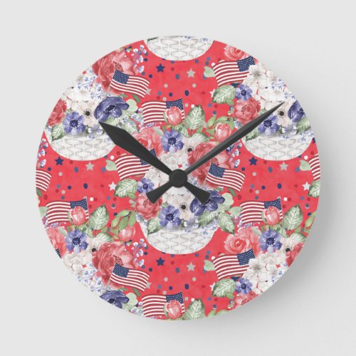 Unique watercolour floral pattern  the USA flag  Round Clock