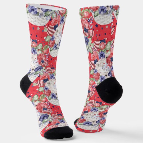 Unique watercolour floral pattern  the USA flag  Socks